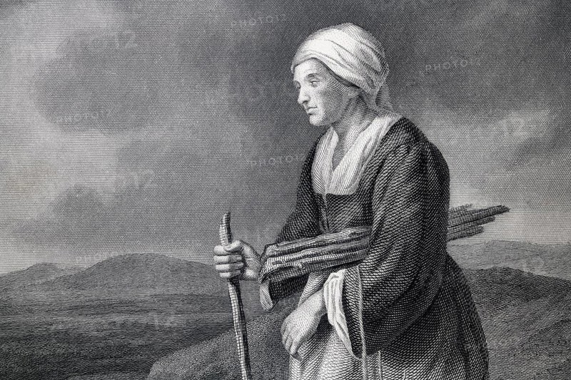 Detail from the painting The Old Mother by Hilles van Tilburg, portrait painting, genre painting, old woman, mother, elderly woman, age, life experience, wisdom, dignity, human representation, expression, face, clothing, character study, realism, Dutch painting, 19th century, oil painting, light and shadow, art history, traditional painting, domestic scene, emotional representation, figure painting, wooden stick, walking, hilly landscape, headscarf, historical illustration 1854