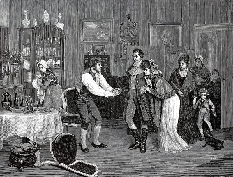 Unexpected visit. A man in period work clothes, vest, rolled-up sleeves, breeches, greets a newly arrived couple in the center of the room. The guests are an elegantly dressed couple from the early 19th century. The man wears high boots, a frock coat and holds a walking stick, the lady curiously bends forward and wears a contemporary bonnet and a long dress. The set table, on the left side is a round, white dining table with bottles, glasses and a large bowl. Next to it is a tilted chair lying on the floor and a wine cooler with bottles, illustration, reproduction of a model from the 19th century. Authentic, file restored for optimal use, exact date of submission unknown, historical