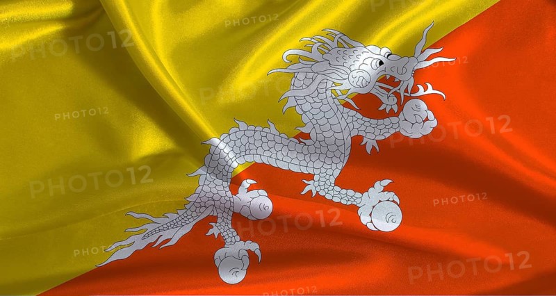 Bhutan flag with cloth textured background. National flag of Bhutan with realistic texture