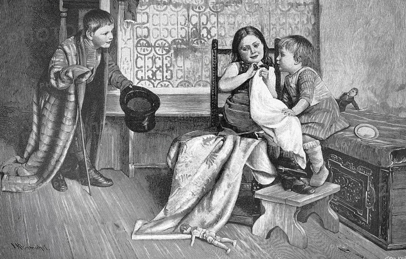 Children's play in the late 19th century living room. An older girl is sitting on a chair while a smaller boy is standing on a wooden stool. Together, they hold up a large white sheet that is reminiscent of a piece of clothing or disguise. Another boy in an oversized coat and with a top hat in his hand approaches to enter the scene as a visitor and imitate the other children, illustration, reproduction from a 19th-century model. Authentic, file restored for optimal use, exact date of submission unknown, historical