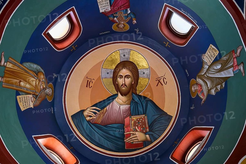 Iconic depiction of Jesus and angels on a blue background in orthodox style, monastery, Moni Odigitrias, southern Crete, located north of the Asterousia mountain range, fortress-like construction, place of resistance against the Ottomans, central south, Crete, Greek islands, Greece