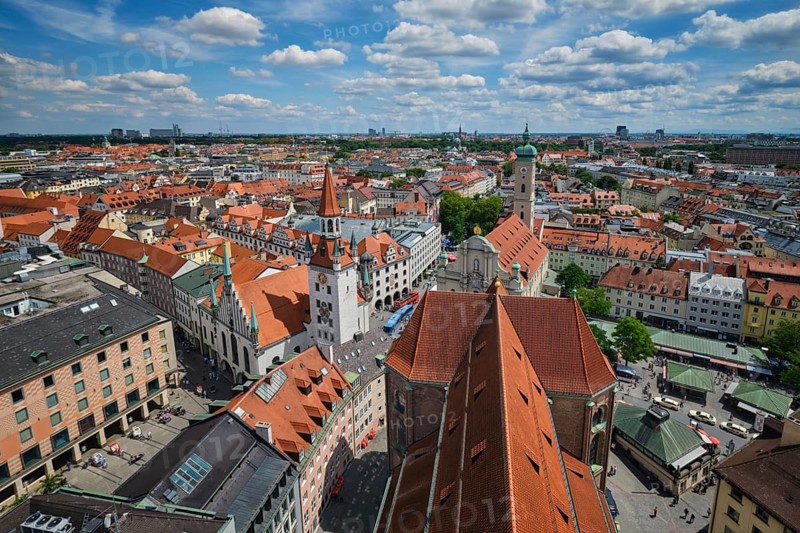 Aerial view of the Old Town Hall, Marienplatz, and historic red-roofed architecture in Munich, Bavaria, Germany