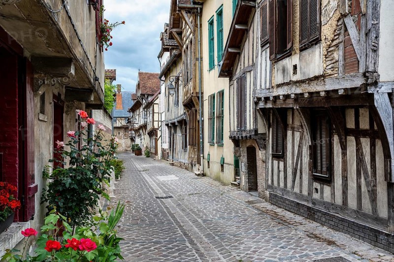 Morbid charm in a picturesque, medieval old town alleyway in Troyes, Aube department, Grand Est region, France
