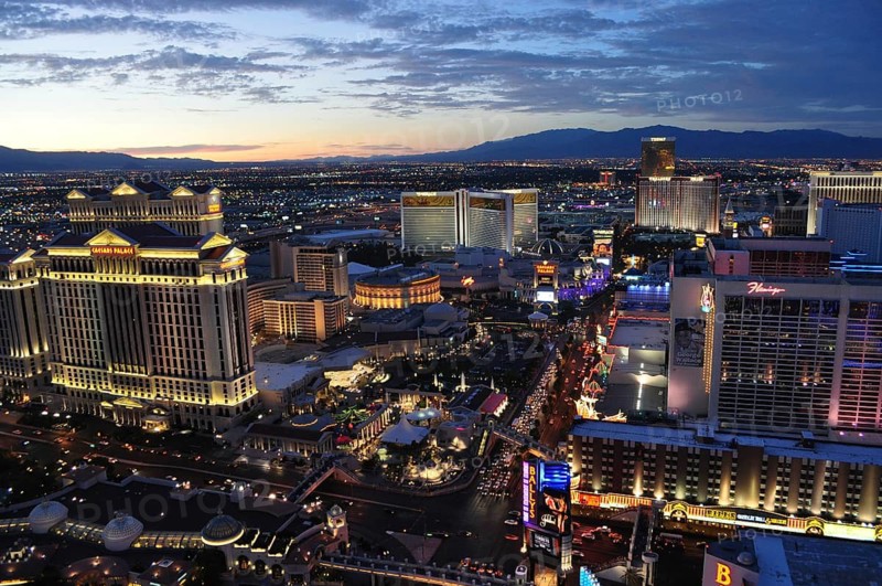 Illuminated skyline of Las Vegas at sunset, Las Vegas, Nevada, USA