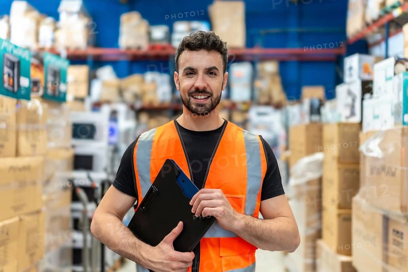 Young man in a safety vest smiling and holding a clipboard, standing in a large retail warehouse or home improvement store with shelves stocked with various products