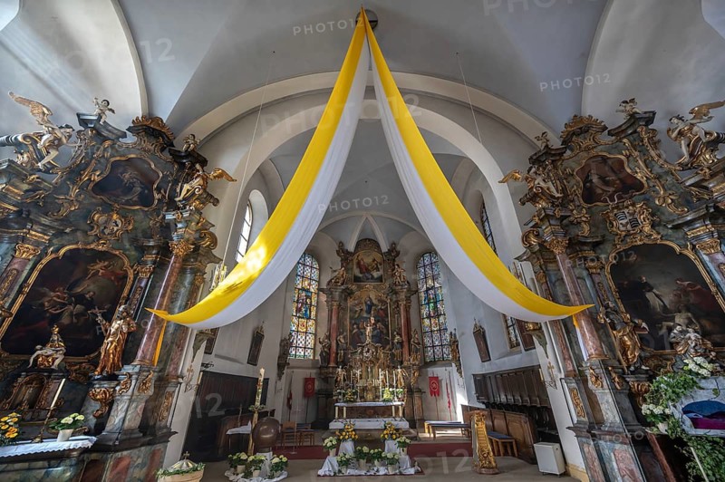 Interior of the parish church of the Assumption of Mary decorated at Easter, built 1778 - 1781, Hollfeld, Upper Franconia, Bavaria, Germany