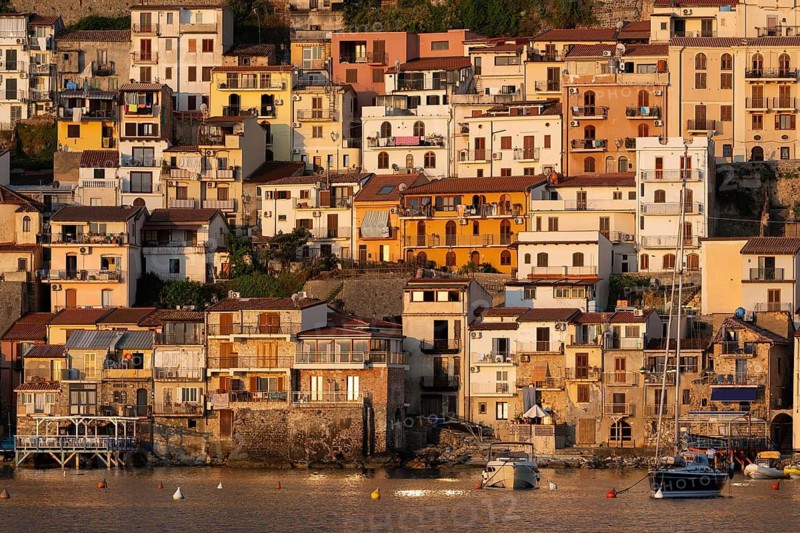 Houses, just after sunrise, Scilla, on the Strait of Messina, Calabria, Italy