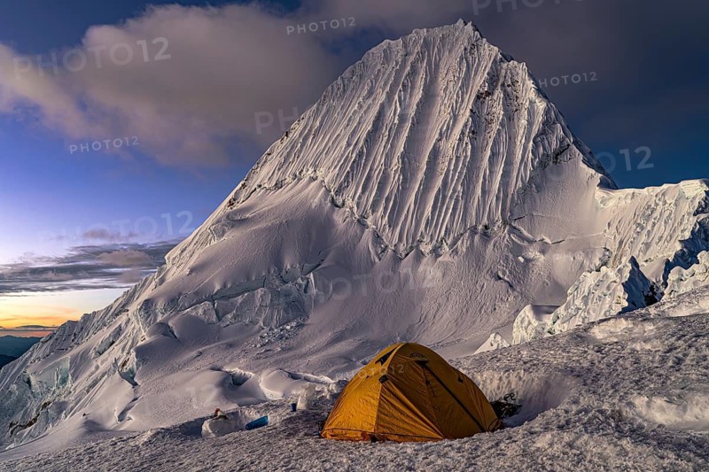 High camp with tent, tent camp, high camp at 5500 m above Alpamayao, southwest face, 5947 m, with the title most beautiful mountain in the world, Cordillera Blanca, Huascaran National Park, northern Peru, Peru, South America