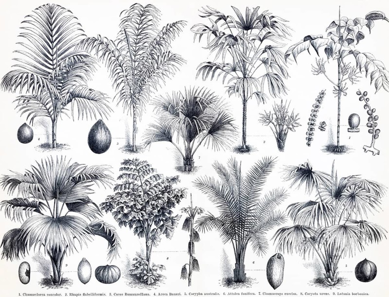Palms, trees and their fruits, Chameadorea (1), Rhapis flabelliformis (2), Covos Romanzoffiana (3), Areca Baueri (4), Corypha australis (5), Attalea finifera (6), Chamaerops excelsa (7), Caryota urens (8), Latania borbonica (9), fruits, flowers, tropics, occurrence, warm climate zones, various species, compilation, overview, enumeration, biology, nature, historical illustration 1885