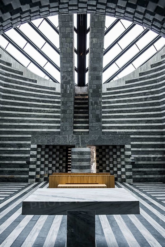 Interior view, modern chapel, San Giovanni Battista, architect Mario Botta, Mogno, Maggia Valley, Valle Maggia, Canton of Tessin, Switzerland