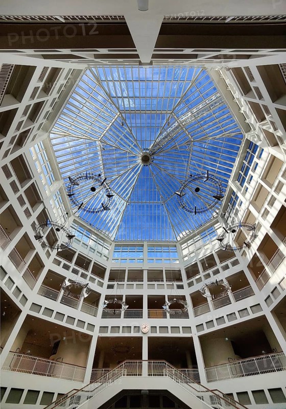 Atrium, view, interior view of the central hall in the town hall in Dortmund, Ruhr area, North Rhine-Westphalia, Germany