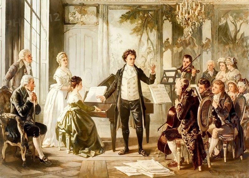 Ludwig van Beethoven, German composer, with the Rasumowsky'sche Quartett, digitally edited based on a painting by Augus, subsequently colored