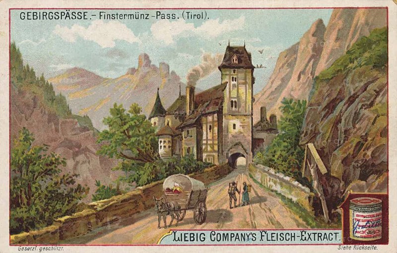 Picture series Mountain Passes, Finstermünz Pass in Tyrol with a historic castle and a carriage, picture of love, digitally restored reproduction of a collector's painting from around 1900, exact date unknown