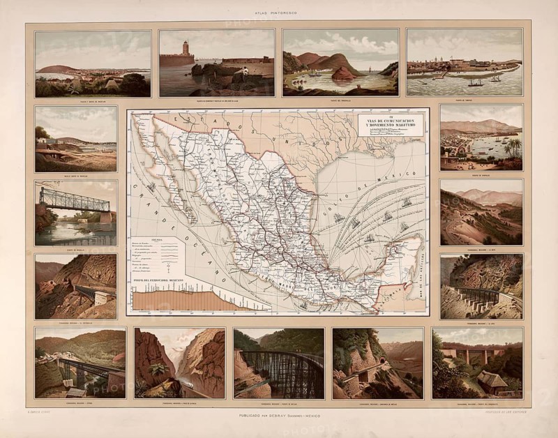 Infrastructure in Mexico, roads, waterways, rivers, around 1900, illustration, reproduction from a 19th-century model. School picture, mural, authentic, file restored for optimal use, exact date of original unknown, historical