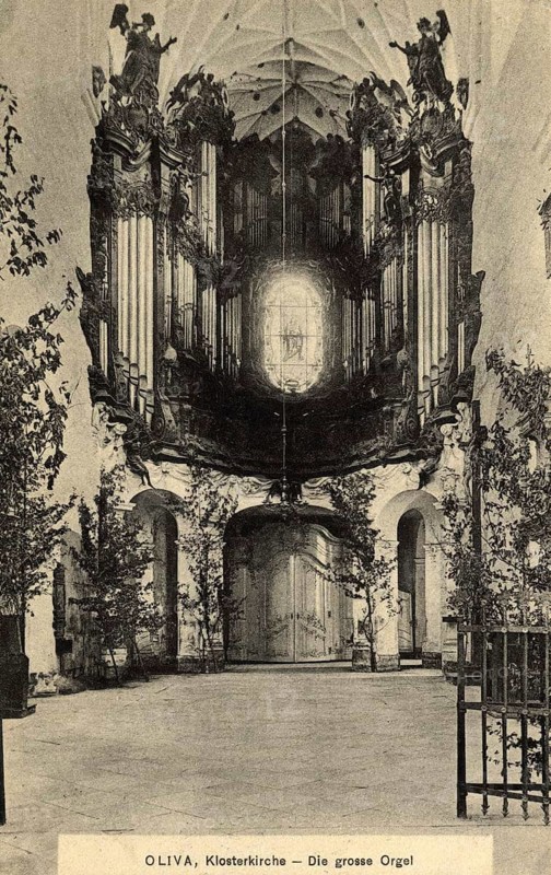 The large organ in Oliva Cathedral in Danzig, Poland, around 1930, authentic reproduction of an old postcard, around 1910, historical, exact date unknown