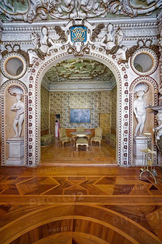 Bedroom of the ducal couple, Friedenstein Castle, former residence of the Dukes of Saxe-Coburg and Gotha, early Baroque, Ernst the Pious, interior, old town, Gotha, Thuringia, Germany