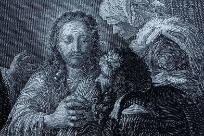 Detail from the painting Christ in Emaus by Bartolomeo Schidone, religious painting, sacred art, Baroque, Italian painting, Jesus Christ, Emmaus, disciples, meal, bread breaking, resurrection, Easter, New Testament, Gospel of Luke, biblical scene, Christian iconography, faith, revelation, redemption, light and shadow, chiaroscuro, figure composition, oil painting, art history, 17th century century, masterpiece, spiritual depiction, three people, historical illustration 1854