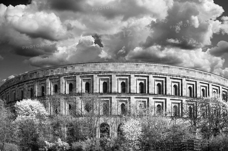 Front view of the former incomplete Congress Hall of the NSDAP 1933-1945, documentation center, Reichsparteitagsgelände, black and white, Bayernstraße 110, Nuremberg, Middle Franconia, Bavaria, Germany