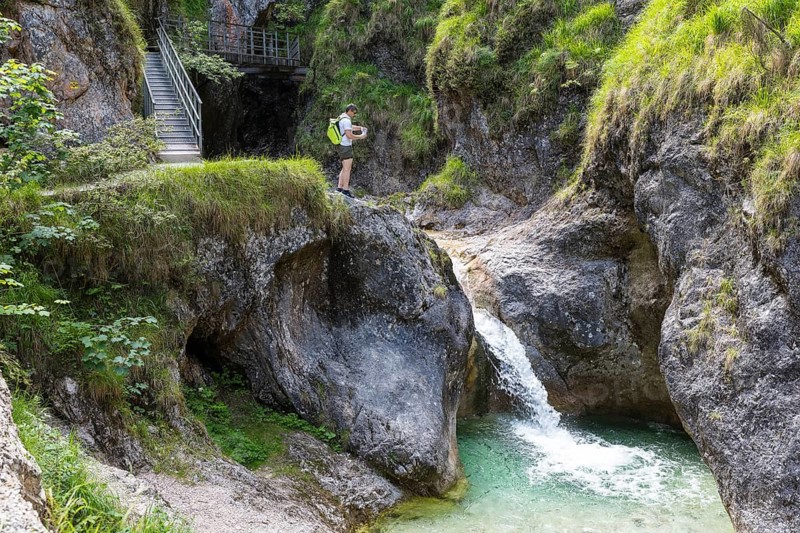 Hiking trail with waterfall, Almbachklamm near Ettenberg, Berchtesgadener Land, Bavaria, Germany