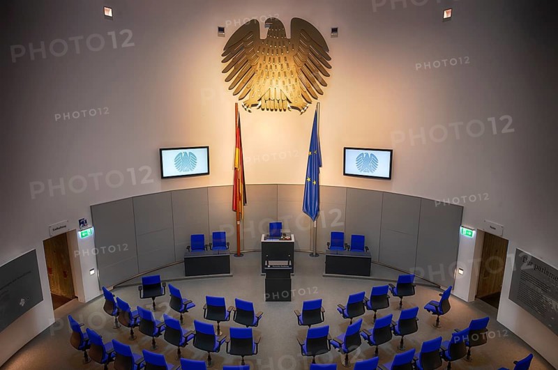 Interior view, replica German Bundestag, Parliament, Federal Eagle, seats, Parliamentary History Exhibition German Bundestag, German Cathedral, Gendarmenmarkt, Mitte District, Berlin, Germany