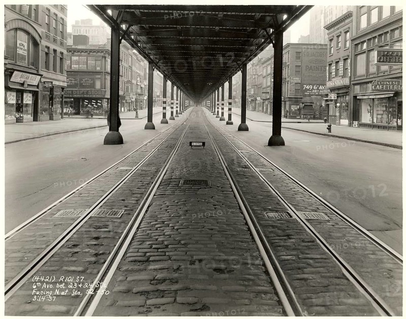 New York, Manhattan, Elevated RR, 6th Avenue, 23rd Street, North, Traffic, USA, Abandoned City Street with Streetcar Tracks and Surrounding Buildings, 14.3.1937
