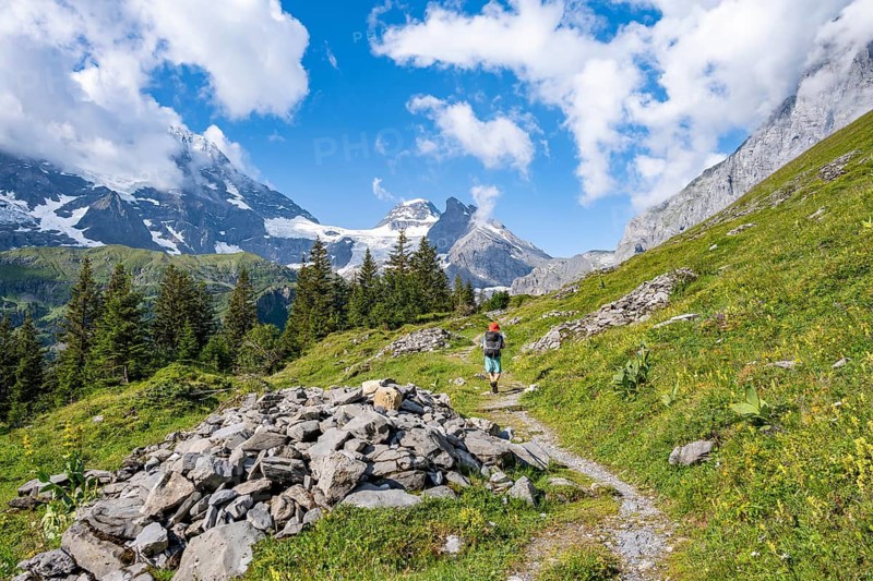 Hikers on hiking trail in front of picturesque mountain landscape with mountain peaks Breithorn and Tschingelhorn, Bernese Alps, Bernese Oberland, Switzerland