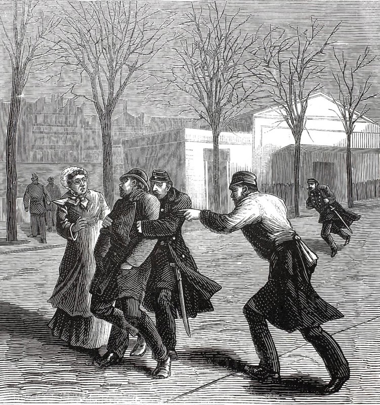 Arrest of a man named Moyaux as part of a historic criminal affair. It shows the attack of civil servants and police in historic uniforms taking suspect Moyaux away on the street, while witnesses react in horror in the background, around 1880, France, illustration, reproduction of a model from the 19th century. Authentic, file restored for optimal use, exact date of submission unknown, historical