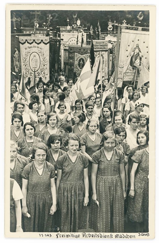 Young woman, uniform, BDM, voluntary labor service, National Socialism, rally, organization, standing close together with flags, historical, black and white photo, Julius Gross, around 1935