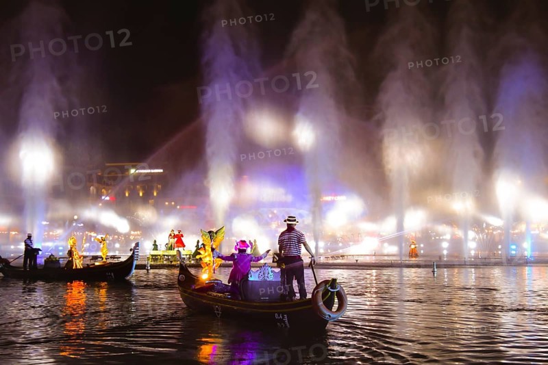 Hu Quoc, Vietnam - 3rd march, 2025: The Colors of Venice show at Grand World Phu Quoc, Vietnam. Live performers on gondolas, massive water-fountain stage with vibrant 3D mapping and laser projections