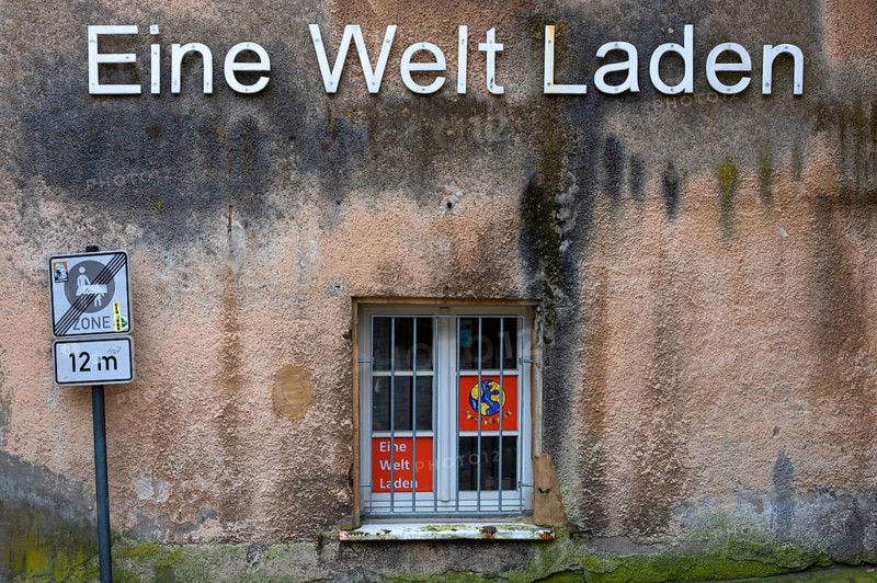 House façade of Eine Welt Laden, Lauf an der Pegnitz, Middle Franconia, Bavaria, Germany