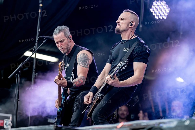 Bass player Brian Marshall (left) and guitarist Mark Tremonti (right) of the US rock band Alter Bridge live on the Mandora Stage during their performance at Rock im Park at Zeppelinfeld in Nuremberg, Germany on 07/06/2026
