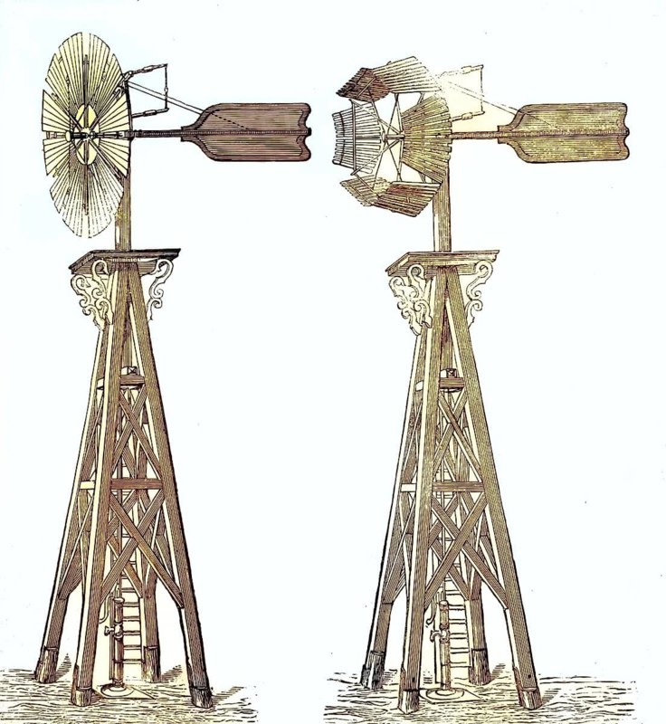Halladay windmill. These wind turbines were typically used in the 19th century for agricultural water supply, for example to pump groundwater. Considered the first commercially successful, self-regulating American wind turbine for water pumping, reproduction from a model from the 19th century. Authentic, file restored for optimal use, exact date of original unknown, nostalgically colored