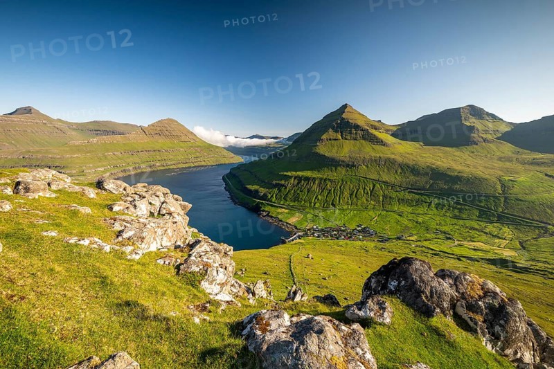 Panoramic view from Hvíthamar viewpoint on Funningsfjørður near Funningur on Eysturoy island, fjord with steep mountains, Faroe Islands, Denmark