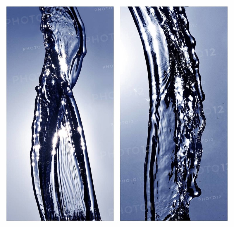 A pair of images of water moving in backlight in front of the sun frozen by short exposure in blue duplex toning