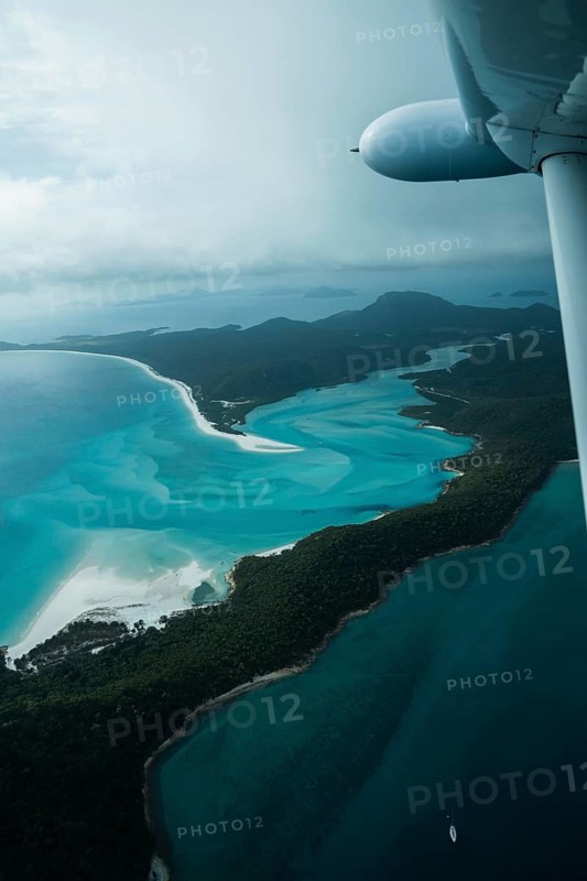 Aerial view of Whitsunday Island beach with airplane propeller, Airlie Beach, Queensland, Australia