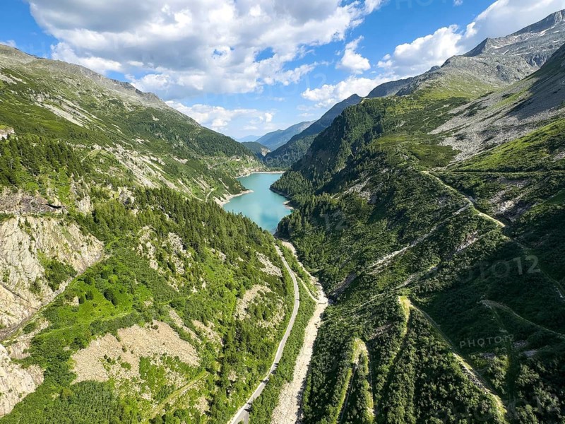 View from Kölnbrein Reservoir to Galgenbichl Speicher, Vorspeicher Galgenbichl Reservoir Interim Storage Facility, part of Pumped Storage Power Plant Malta-Oberstufe Main Stage of Pumped Storage Power Station Malta, right footpath from dam down into the Malta Valley, Hohe Tauern, Carinthia, Austria