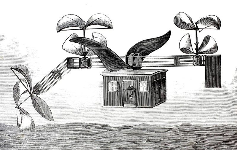 Air Loom, New Aerial Machine, 1876, an early flying machine invented by W.J. Lewis. The construction features several rotating wing arrangements reminiscent of an early form of a helicopter, illustration, reproduction from a 19th century model. Authentic, file restored for optimal use, exact date of submission unknown, historical