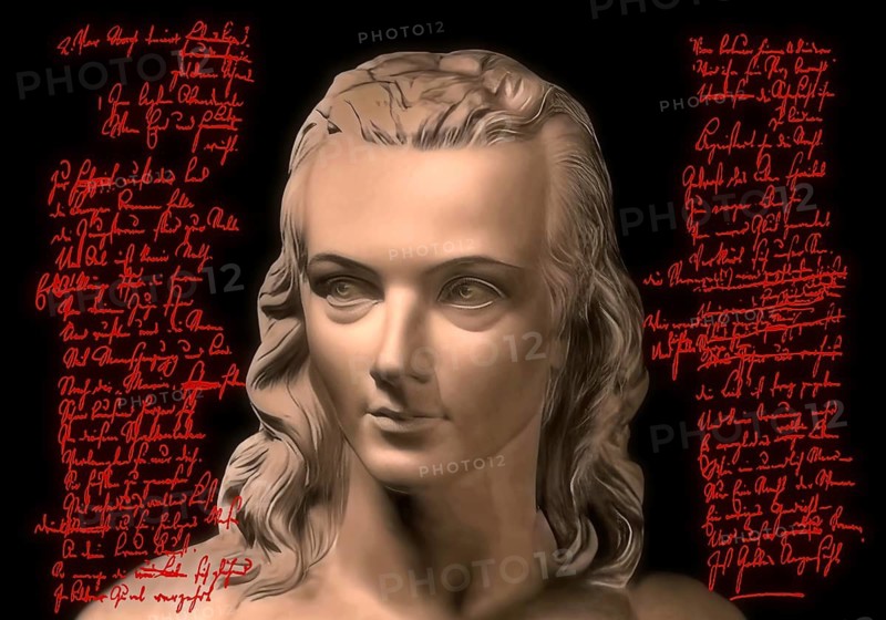 Portrait of Georg Philipp Friedrich Freiherr von Hardenberg, pseudonym and pen name Novalis, 1772 - 1801, German poet of Early German Romanticism, digitally edited after a bust at his grave, Hymns to the Night (Hymnen an die Nacht) written by Novalis
