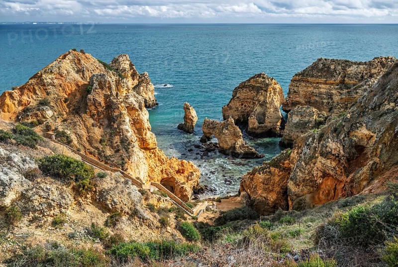 Scenic gorgeous and seaside view of the Algarve coastline showing cliffs at Ponte da Piedade