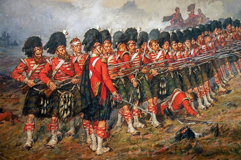 Sutherland Highlanders in 1881 painting The Thin Red Line by Robert Gibb depicting the 93rd Regiment of Foot at Battle of Balaclava during Crimean War