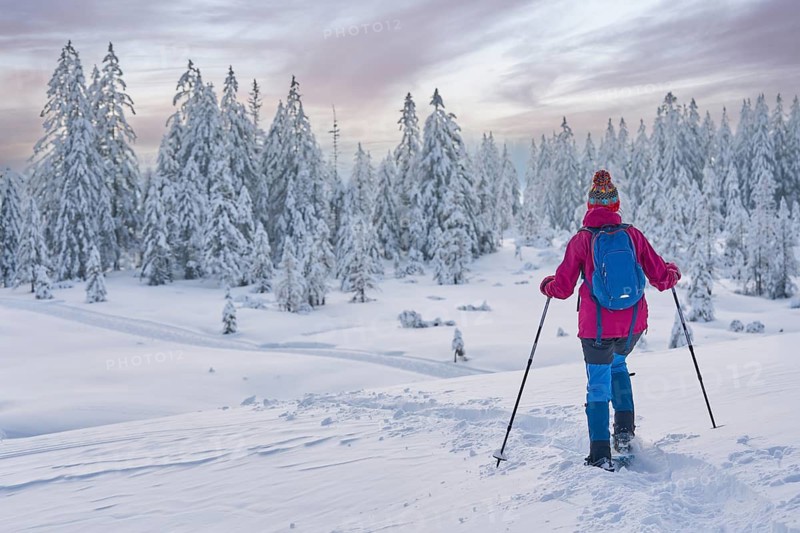 Nice and active senior woman hiking with snow shoes in deep powder snow in the Hochhaedrich area of Bregenz Forest, Hittisau, Vorarlberg, Austria