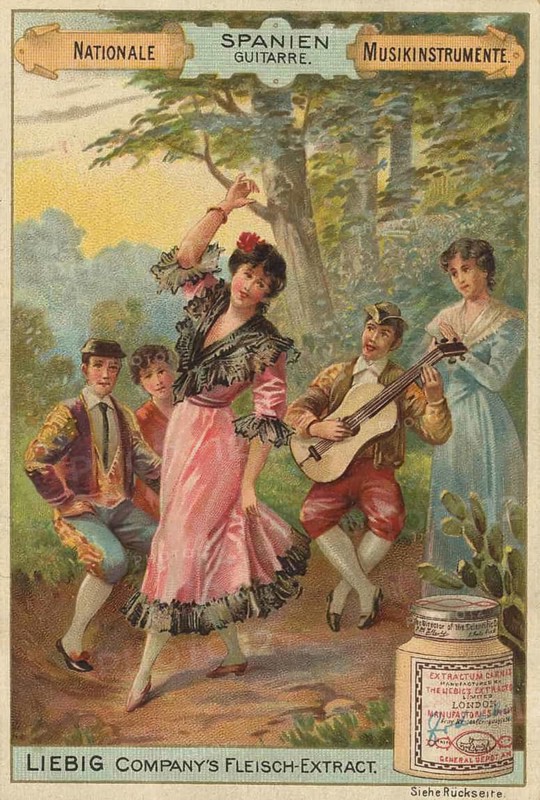 Picture series of national musical instruments, a traditional Spanish scene with musicians and a dancer, guitar, favorite picture, digitally restored reproduction of a collector's painting from around 1900, exact date unknown