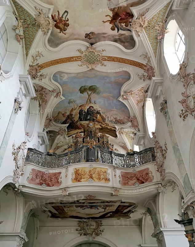 Ceiling fresco and organ of the monastery church in Mönchsdeggingen Abbey, former monastery of the Mariannhill Missionaries, near Nördlingen on southern Riesrand, Donau-Ries district, Swabia, Bavaria, Germany