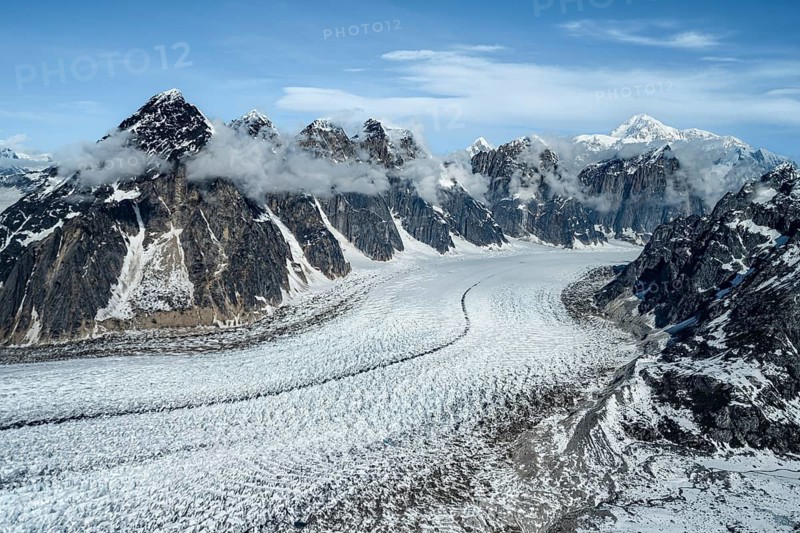 Mount Church, Mount Grosvenor, Mount Johnson Mount Wales and Mount Bradley in front of Ruth Glacier, Alaska Range glaciers and mountains, Alaska, USA