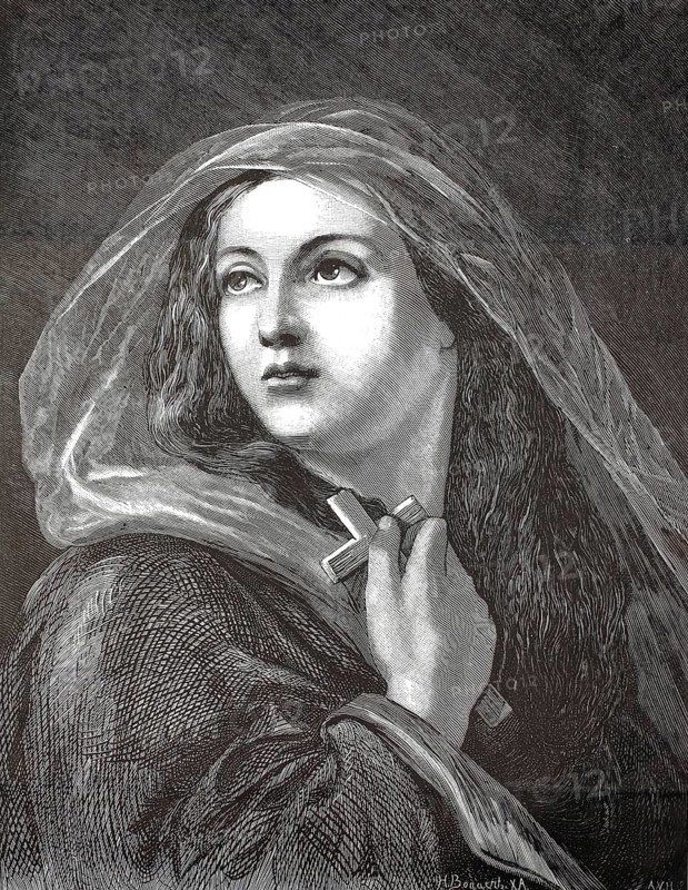 A young woman in a veil holding a cross to her chest and looking up. Allegorical depiction of the Christian faith, reproduction from a 19th-century model. Authentic, file restored for optimal use, exact date of submission unknown