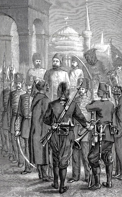 The arrest of Midhat Pasha on May 17, 1881, in Izmir. Sultan Abdülhamid II had him arrested under the pretext that he was responsible for the death of the former Sultan Abdülaziz. This led to a show process and its subsequent banishment, illustration, reproduction from a model from the 19th century. Authentic, file restored for optimal use, exact date of submission unknown, historical