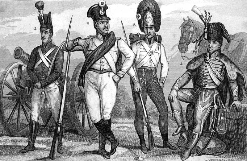 Traditional 19th-century clothing styles and culture. Uniforms from Austria: Artillery (1), Infantry (2), Hungarian Grenadiers (3), Hungarian Garde Corps (4), illustration, reproduction of a 19th-century original. Authentic, file restored for optimal use, exact date of the original unknown, historical