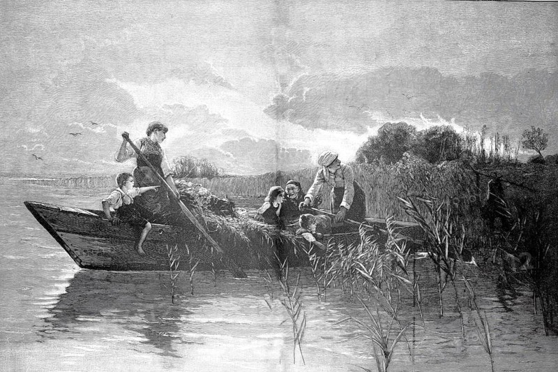 Young couple in folkloric traditional costume in a boat jokingly teased by passing fishermen or from the shore while the boat drifts in the shallow Chiemsee reeds. Motif by Karl Raupp around 1880, Bavaria, Germany, illustration, reproduction from a model from the 19th century. Authentic, file restored for optimal use, exact date of submission unknown, historical