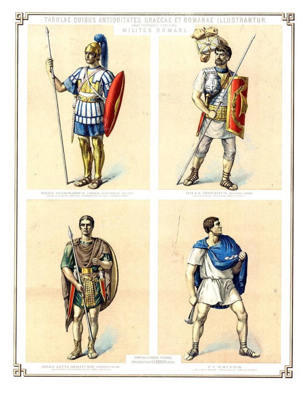 Different ranks of the Roman army: an emperor, a centurion, a signifer flag bearer and an Eques horseman, historical school painting or mural from around 1900, high-quality reproduction