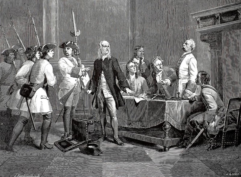 The arrest, arrest of Frans Anneessens, 1719. In the picture he stands tall and proud in front of the tribunal, while soldiers guard him and judges decide his fate. Despite torture, he refused to betray his comrades-in-arms. He was finally beheaded on the Brussels market square on September 19, 1719 and is still considered a martyr in Belgium for civil rights, illustration, reproduction from a model from the 19th century. Authentic, file restored for optimal use, exact date of submission unknown, historical